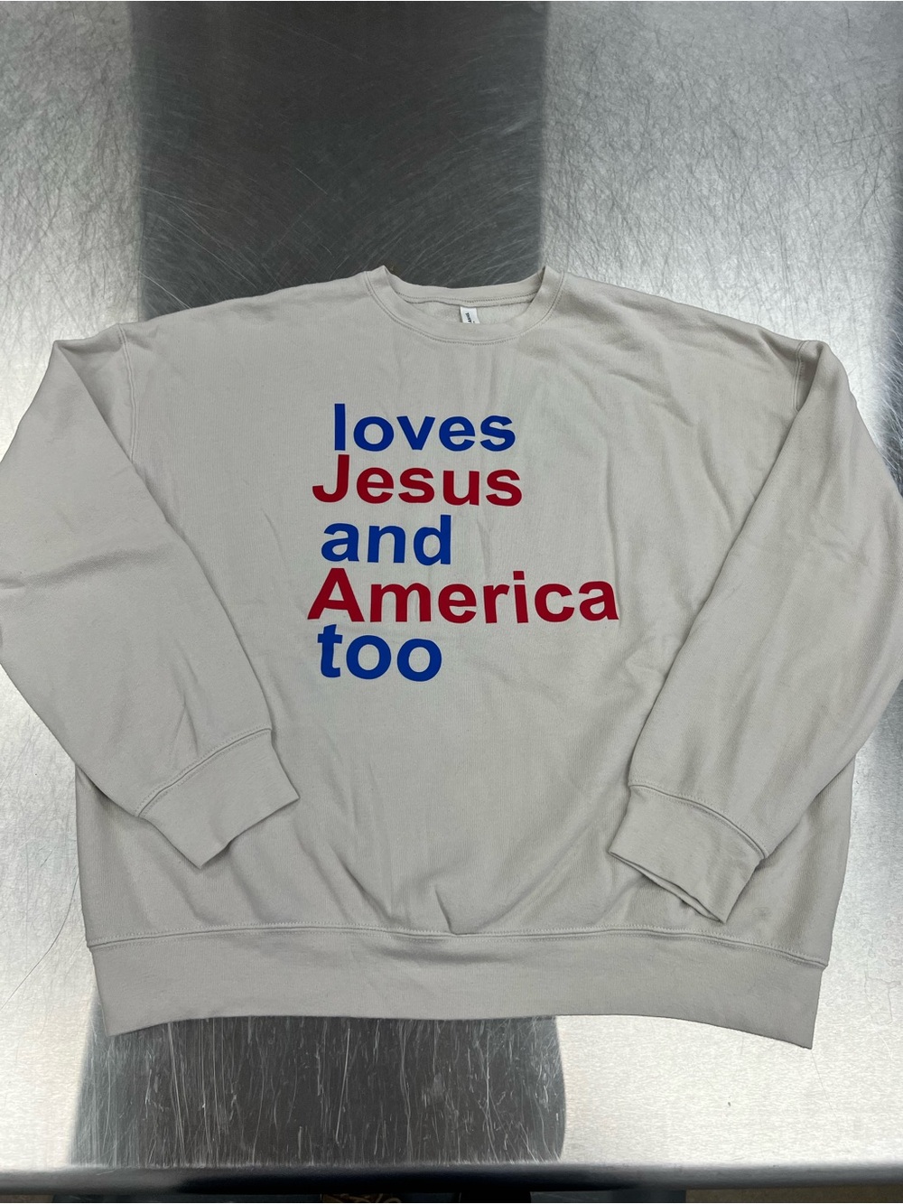 Bella Canvas Beige Crewneck Sweatshirt “loves Jesus and America too” Unisex L
